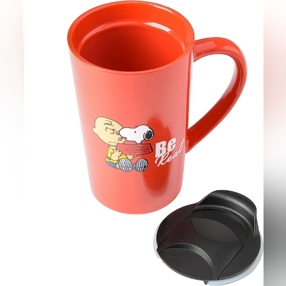 🆕 Peanuts Snoopy Charlie Brown "Be Real" Ceramic Travel Mug Cup